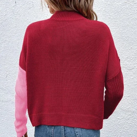 Multicolor Casual Women's Color Block Stand Collar Wrap Sweater - Picture 3 of 6